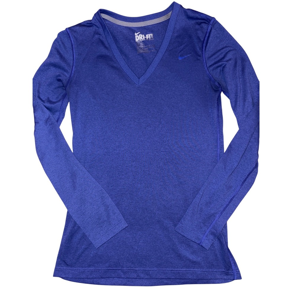 Nike Womens Blue Longsleeve Dri-Fit V Neck Athletic Shirt, XS